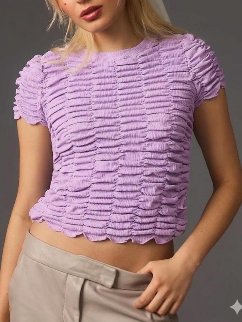 Anthropologie Lilac Ruched Short-Sleeve Top
